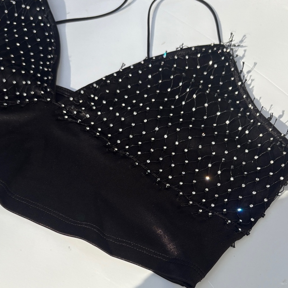 Black Rhinestone Mesh Crop Top - Picture 9 of 9